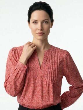 Chaps Pink-Red Floral Pintuck Split V Blouse